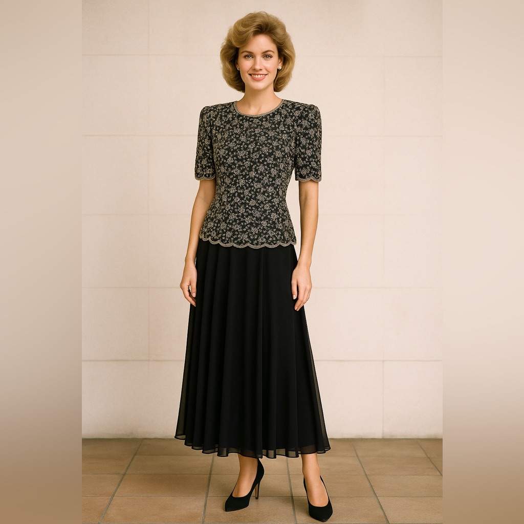 Laurence Kazar Vintage Black Maxi Dress With Clear Bead And White Pearl, L